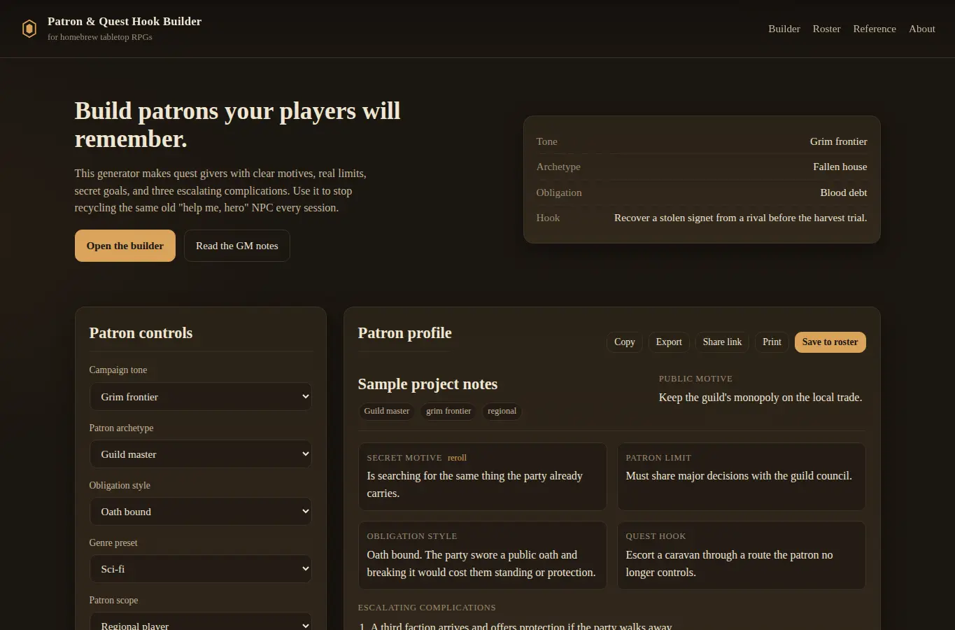 Screenshot of Patron & Quest Hook Builder for Tabletop RPGs interface showing the project page in use
